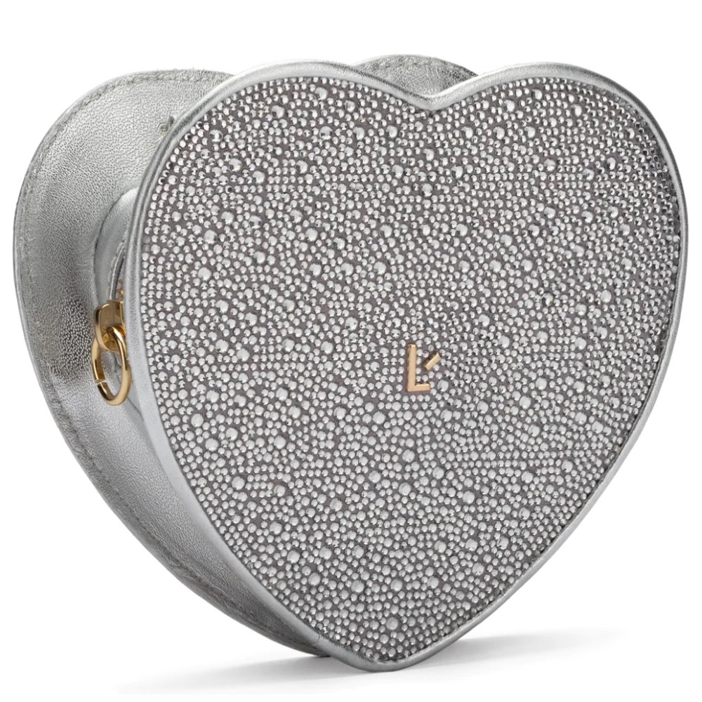 Larroude Heartbreaker Crossbody Bag In Crystal and Light Gray Vegan Suede NWT - Picture 2 of 14